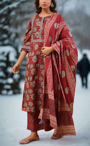 Dark Maroon Garden Jaipur Cotton Kurti With Pant And Dupatta Set. Pure Versatile Cotton. | Laces and Frills
