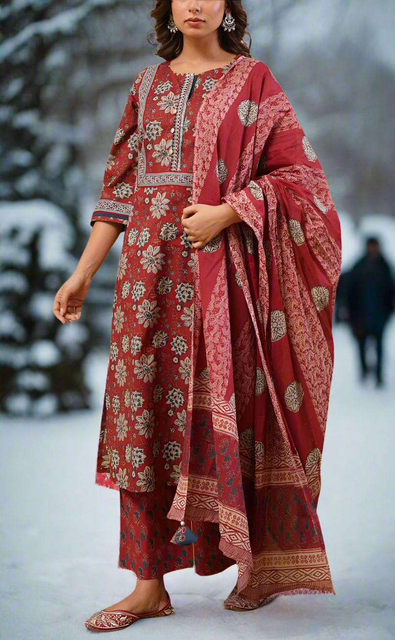 Dark Maroon Garden Jaipur Cotton Kurti With Pant And Dupatta Set. Pure Versatile Cotton. | Laces and Frills