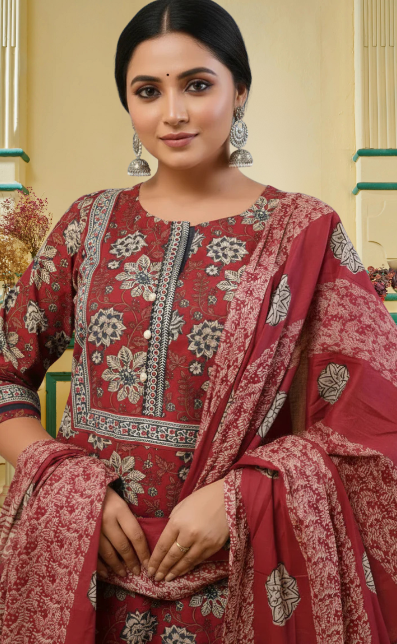 Dark Maroon Garden Jaipur Cotton Kurti With Pant And Dupatta Set. Pure Versatile Cotton. | Laces and Frills