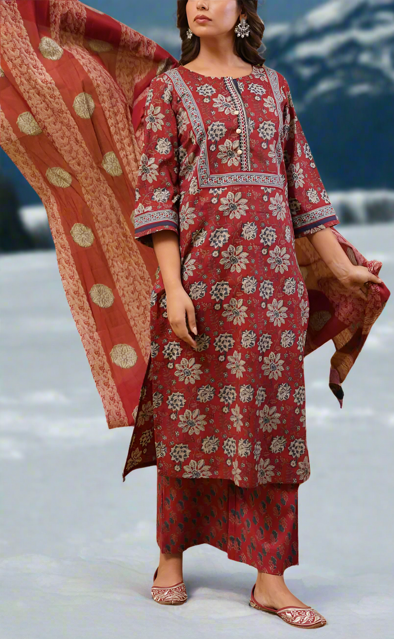 Dark Maroon Garden Jaipur Cotton Kurti With Pant And Dupatta Set. Pure Versatile Cotton. | Laces and Frills