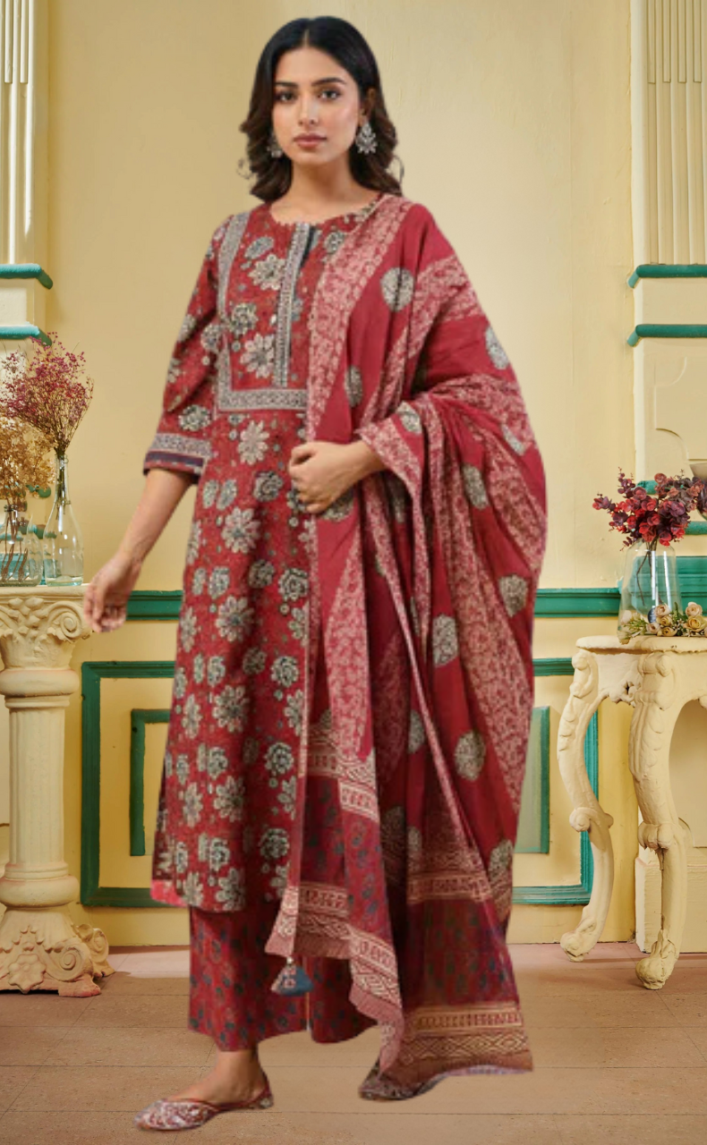 Dark Maroon Garden Jaipur Cotton Kurti With Pant And Dupatta Set. Pure Versatile Cotton. | Laces and Frills