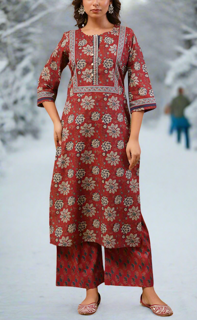 Dark Maroon Garden Jaipur Cotton Kurti With Pant And Dupatta Set. Pure Versatile Cotton. | Laces and Frills
