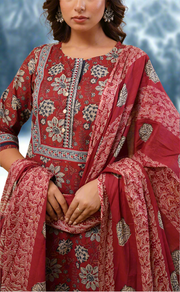 Dark Maroon Garden Jaipur Cotton Kurti With Pant And Dupatta Set. Pure Versatile Cotton. | Laces and Frills