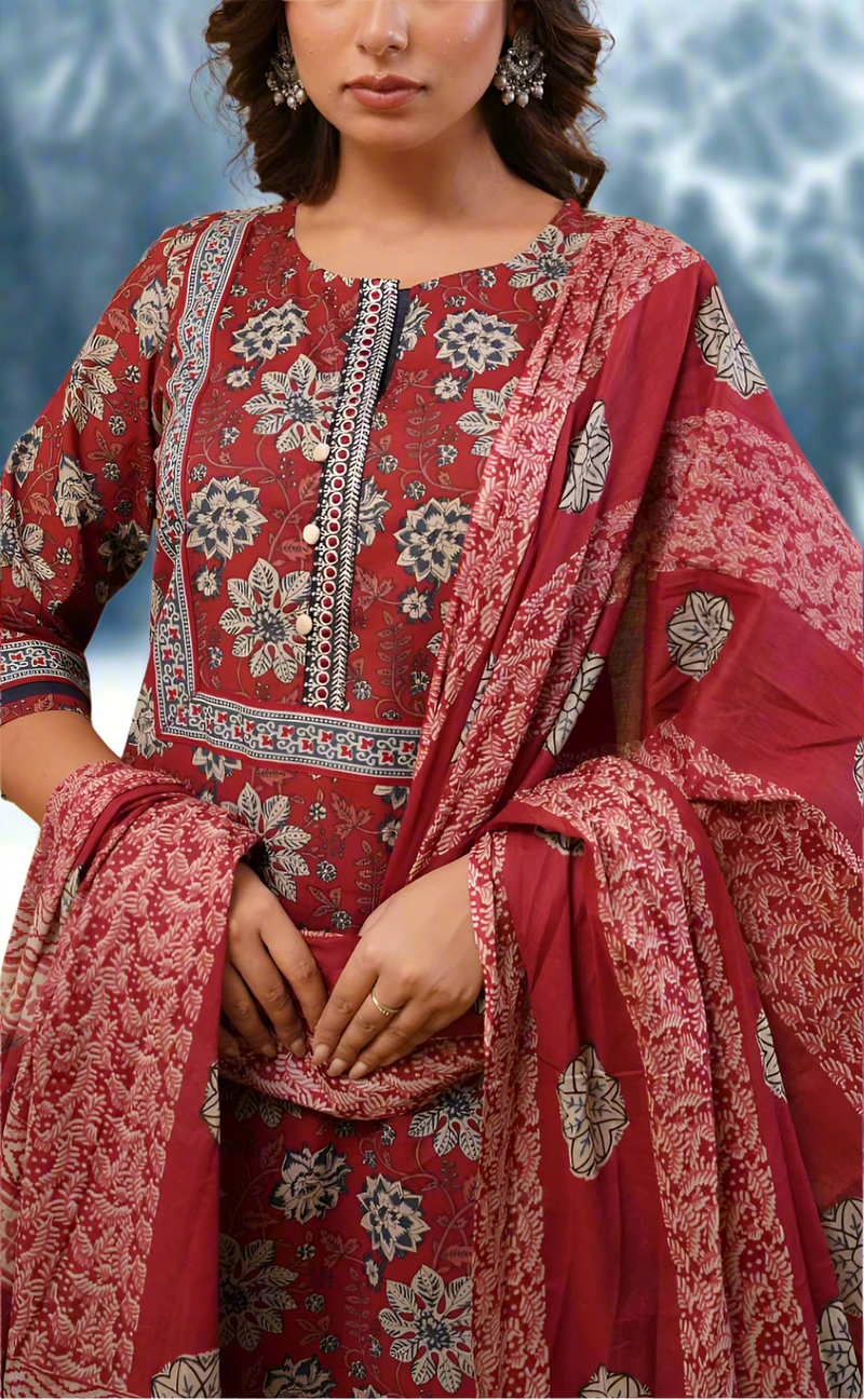Dark Maroon Garden Jaipur Cotton Kurti With Pant And Dupatta Set. Pure Versatile Cotton. | Laces and Frills