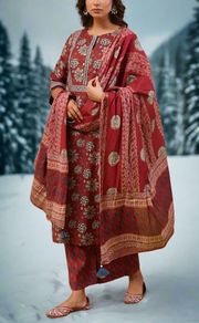 Dark Maroon Garden Jaipur Cotton Kurti With Pant And Dupatta Set. Pure Versatile Cotton. | Laces and Frills