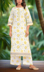 White/Yellow Garden Jaipur Cotton Kurti With Pant And Dupatta Set. Pure Versatile Cotton. | Laces and Frills