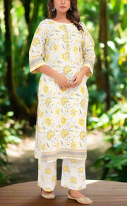 White/Yellow Garden Jaipur Cotton Kurti With Pant And Dupatta Set. Pure Versatile Cotton. | Laces and Frills
