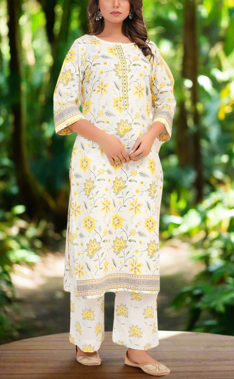 White/Yellow Garden Jaipur Cotton Kurti With Pant And Dupatta Set. Pure Versatile Cotton. | Laces and Frills