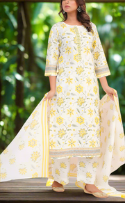 White/Yellow Garden Jaipur Cotton Kurti With Pant And Dupatta Set. Pure Versatile Cotton. | Laces and Frills