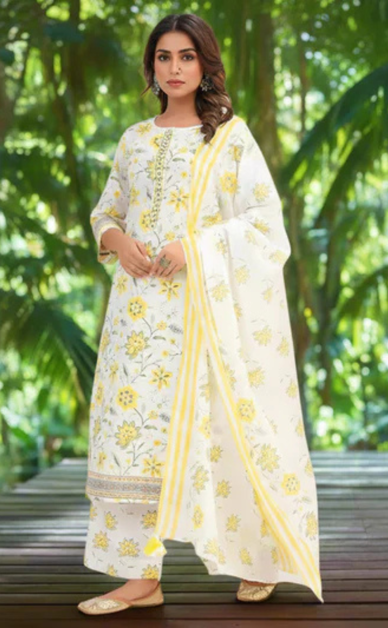 White/Yellow Garden Jaipur Cotton Kurti With Pant And Dupatta Set. Pure Versatile Cotton. | Laces and Frills