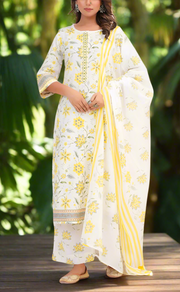 White/Yellow Garden Jaipur Cotton Kurti With Pant And Dupatta Set. Pure Versatile Cotton. | Laces and Frills