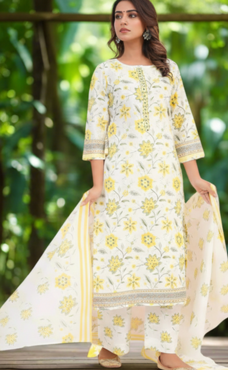 White/Yellow Garden Jaipur Cotton Kurti With Pant And Dupatta Set. Pure Versatile Cotton. | Laces and Frills