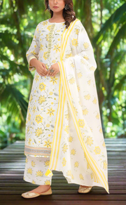 White/Yellow Garden Jaipur Cotton Kurti With Pant And Dupatta Set. Pure Versatile Cotton. | Laces and Frills