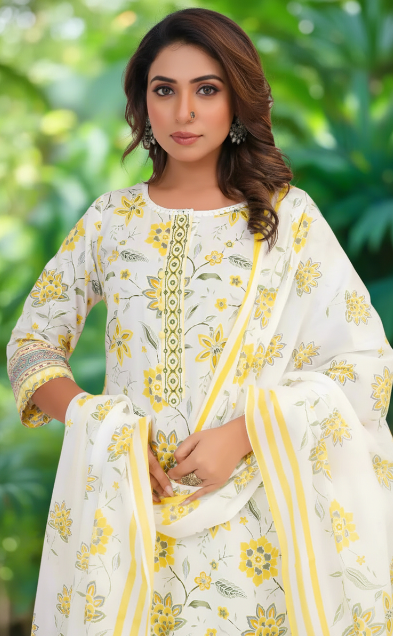 White/Yellow Garden Jaipur Cotton Kurti With Pant And Dupatta Set. Pure Versatile Cotton. | Laces and Frills