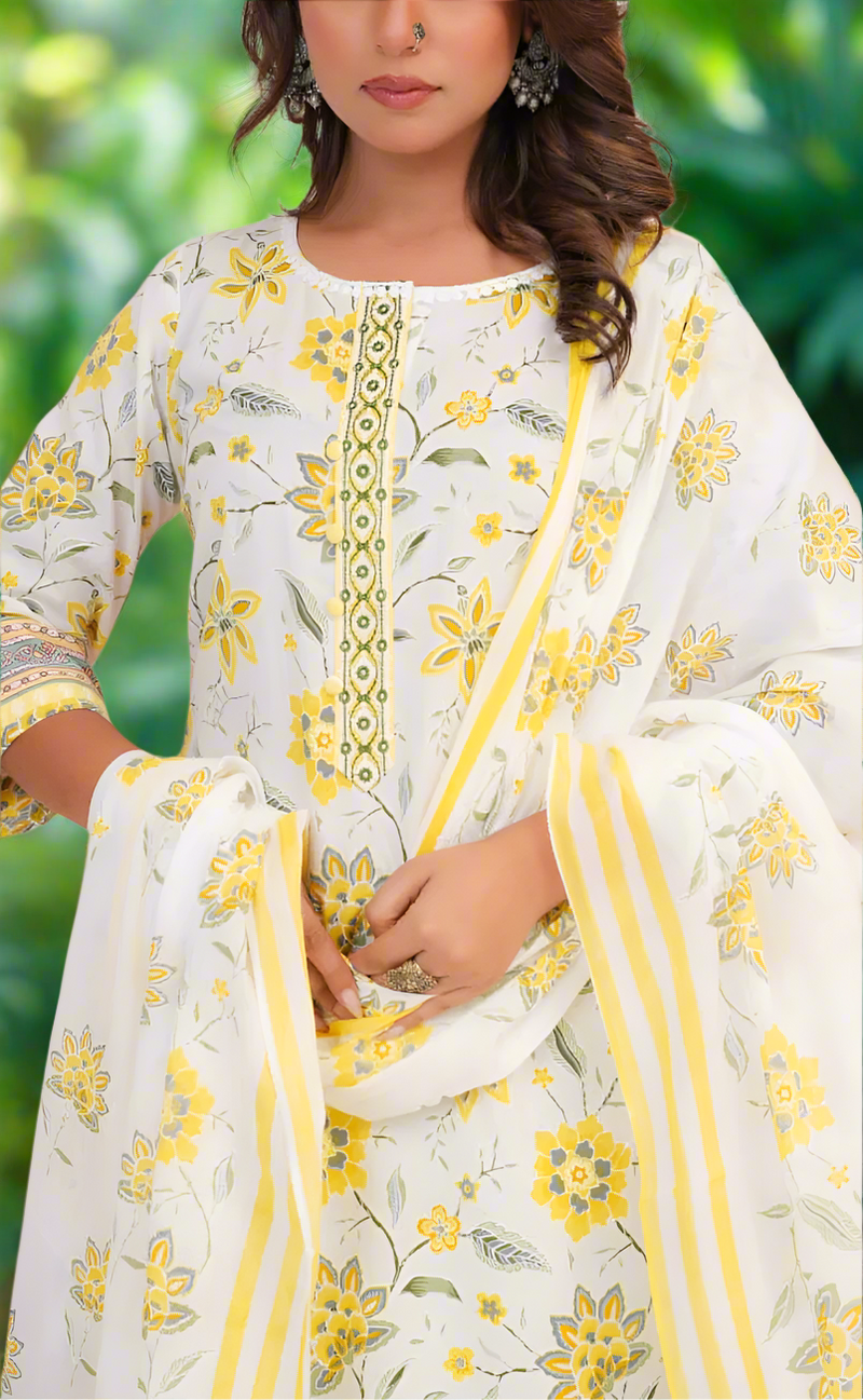 White/Yellow Garden Jaipur Cotton Kurti With Pant And Dupatta Set. Pure Versatile Cotton. | Laces and Frills