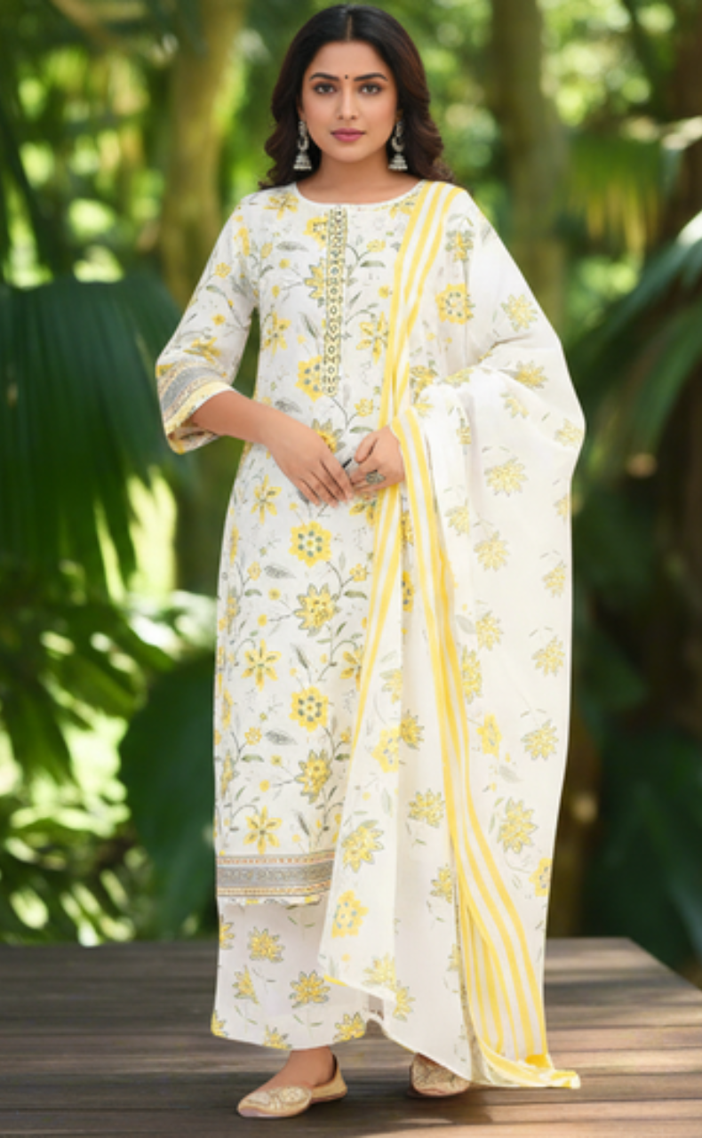 White/Yellow Garden Jaipur Cotton Kurti With Pant And Dupatta Set. Pure Versatile Cotton. | Laces and Frills