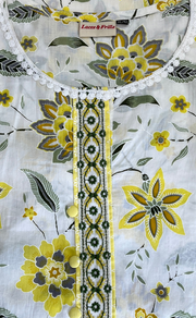 White/Yellow Garden Jaipur Cotton Kurti With Pant And Dupatta Set. Pure Versatile Cotton. | Laces and Frills