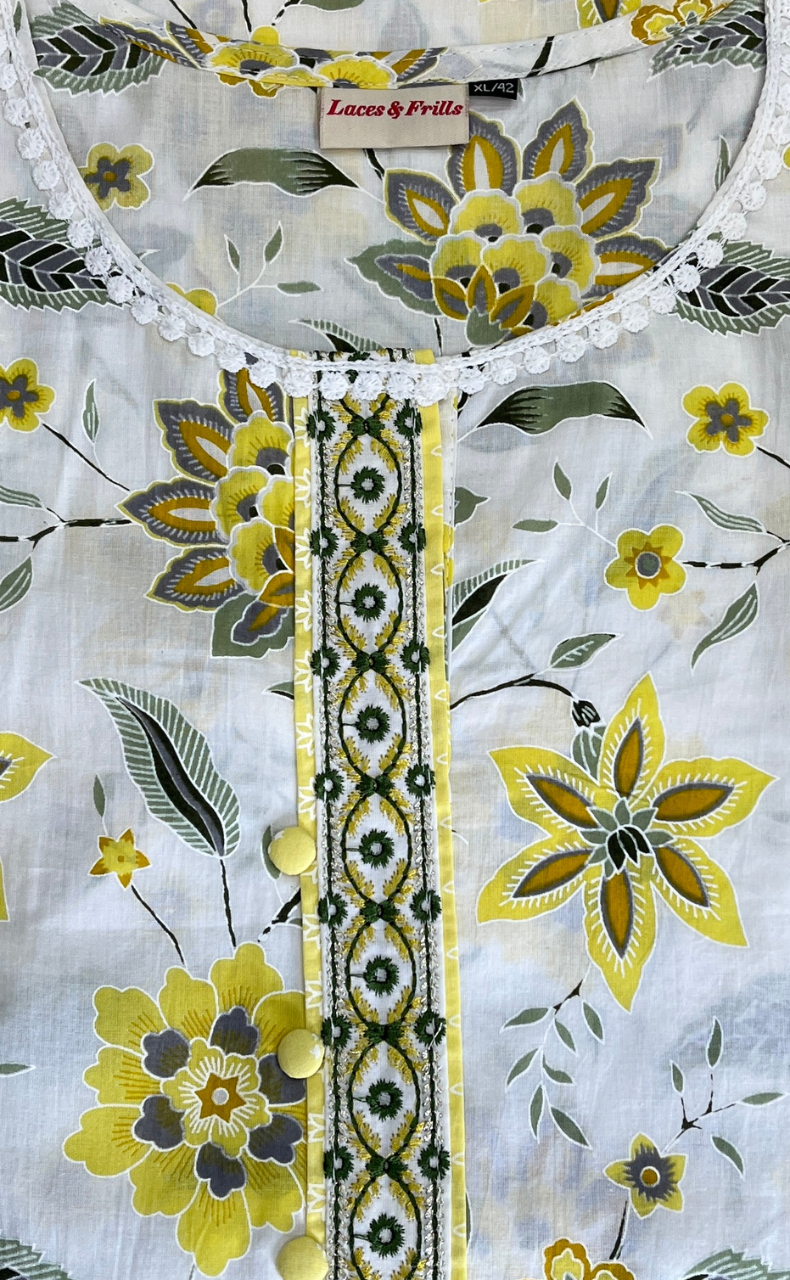 White/Yellow Garden Jaipur Cotton Kurti With Pant And Dupatta Set. Pure Versatile Cotton. | Laces and Frills