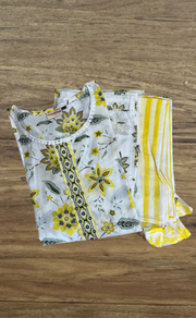 White/Yellow Garden Jaipur Cotton Kurti With Pant And Dupatta Set. Pure Versatile Cotton. | Laces and Frills