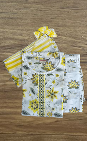 White/Yellow Garden Jaipur Cotton Kurti With Pant And Dupatta Set. Pure Versatile Cotton. | Laces and Frills
