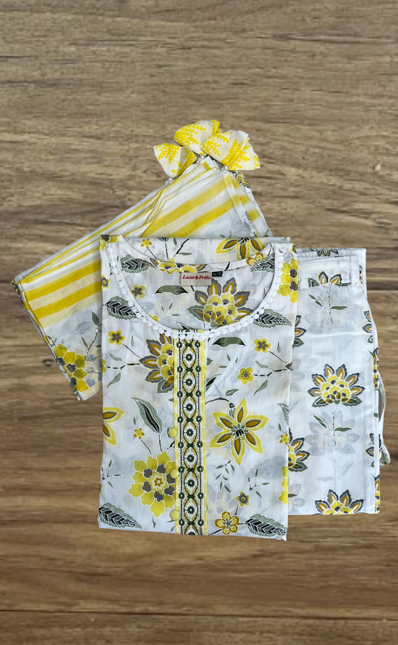 White/Yellow Garden Jaipur Cotton Kurti With Pant And Dupatta Set. Pure Versatile Cotton. | Laces and Frills