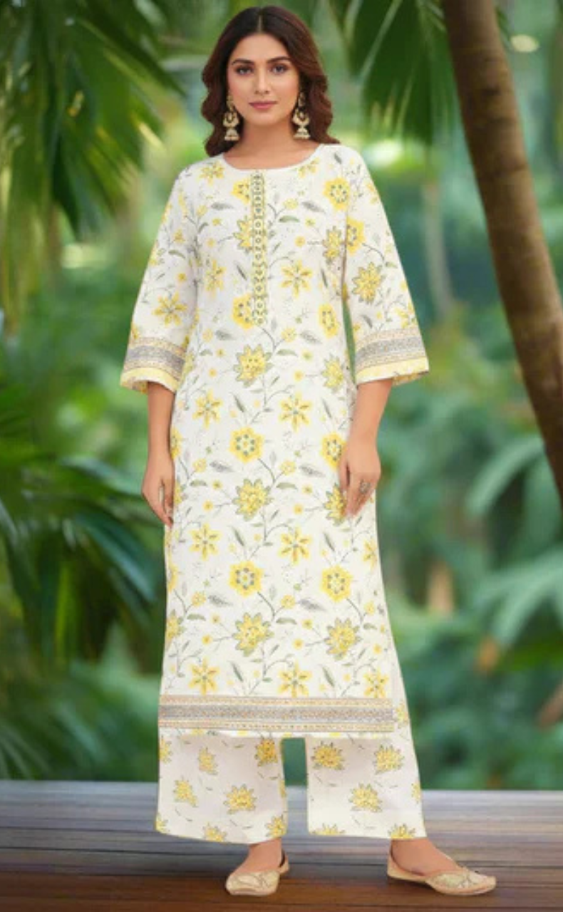White/Yellow Garden Jaipur Cotton Kurti With Pant And Dupatta Set. Pure Versatile Cotton. | Laces and Frills