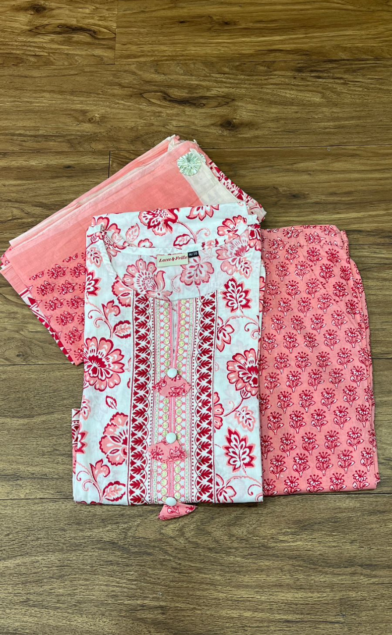 Peach/White Kurti With Pant And Dupatta Set .Pure Versatile Cotton. | Laces and Frills - Laces and Frills