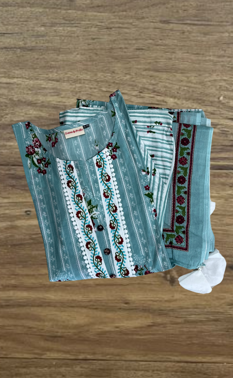 Sea Green Floral Jaipur Cotton Kurti With Pant And Dupatta Set. Pure Versatile Cotton. | Laces and Frills