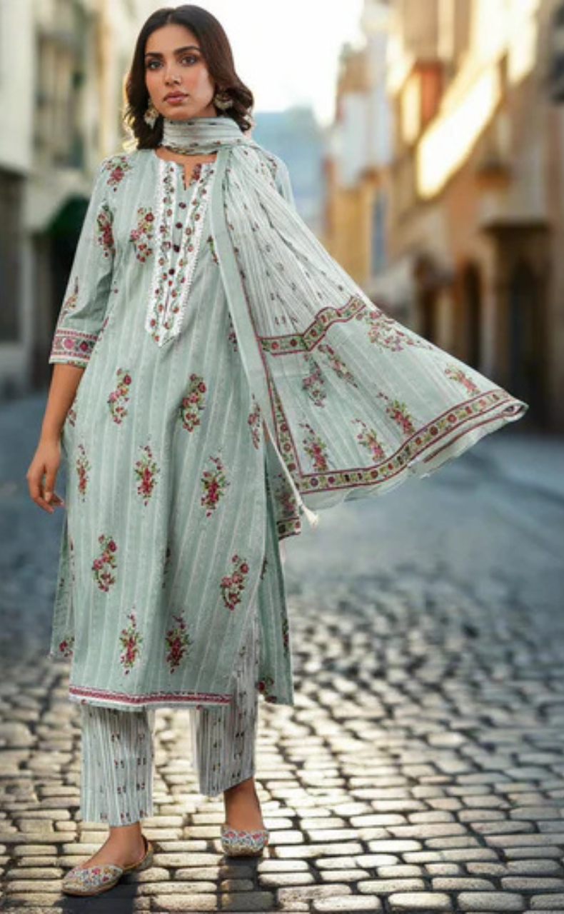 Sea Green Floral Jaipur Cotton Kurti With Pant And Dupatta Set. Pure Versatile Cotton. | Laces and Frills