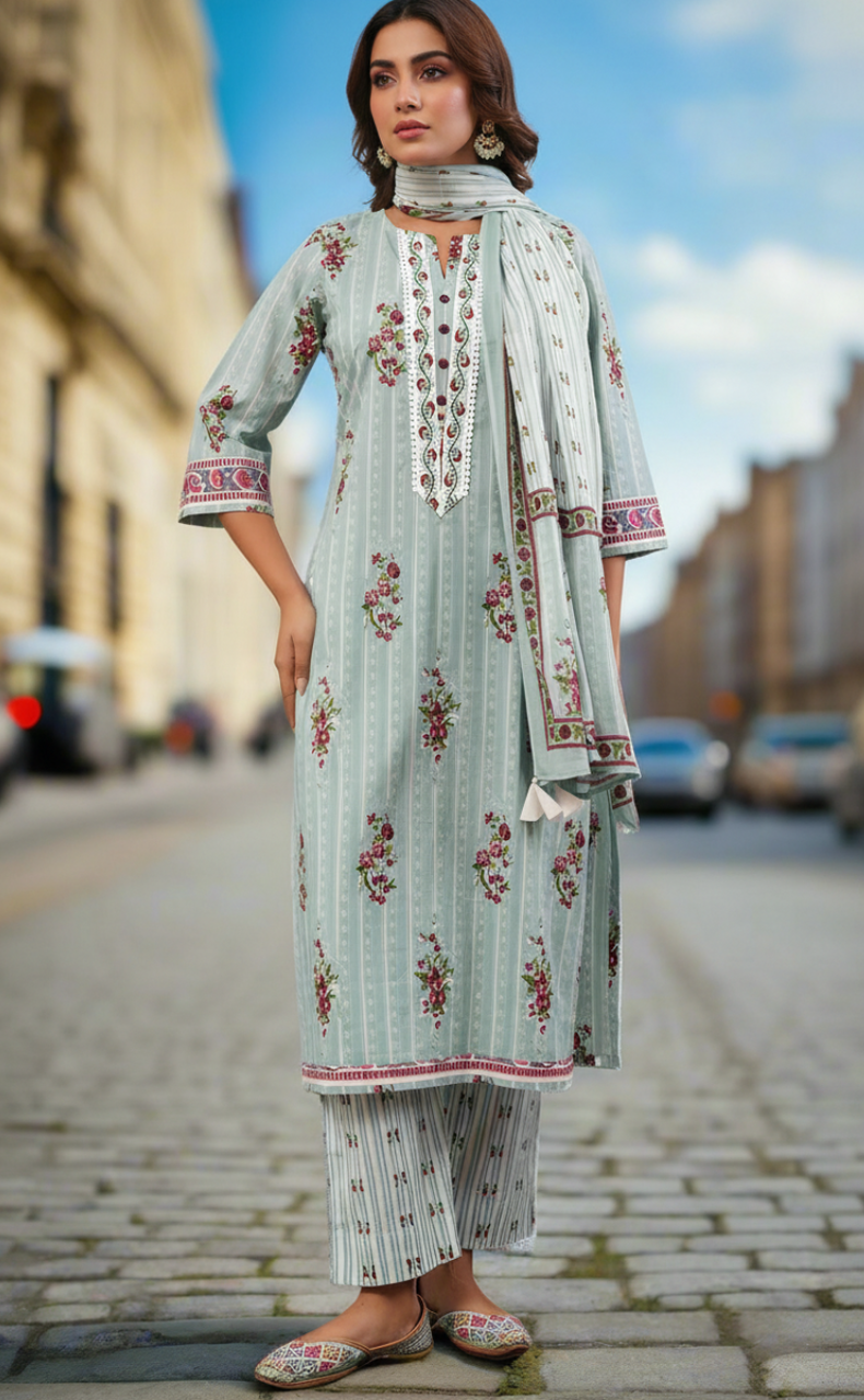 Sea Green Floral Jaipur Cotton Kurti With Pant And Dupatta Set. Pure Versatile Cotton. | Laces and Frills
