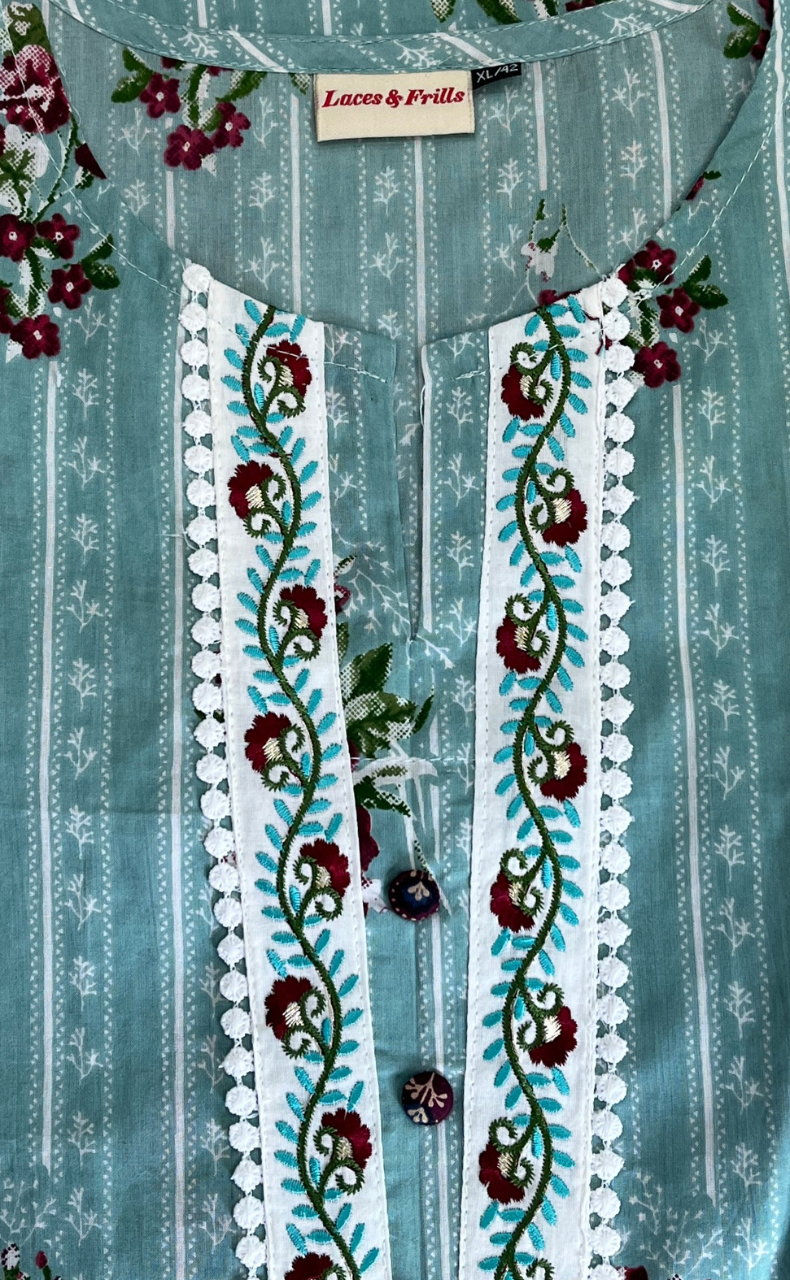 Sea Green Floral Jaipur Cotton Kurti With Pant And Dupatta Set. Pure Versatile Cotton. | Laces and Frills