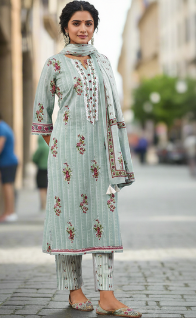 Sea Green Floral Jaipur Cotton Kurti With Pant And Dupatta Set. Pure Versatile Cotton. | Laces and Frills