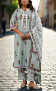 Sea Green Floral Jaipur Cotton Kurti With Pant And Dupatta Set. Pure Versatile Cotton. | Laces and Frills