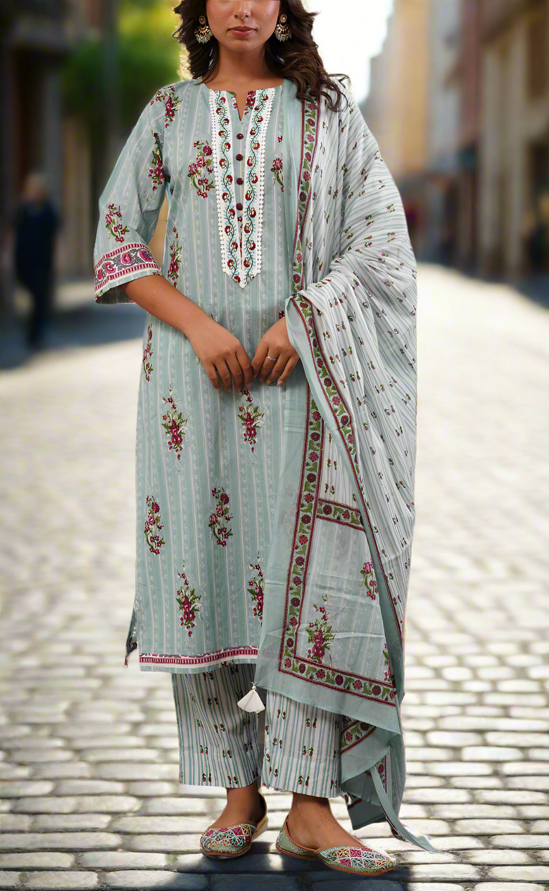 Sea Green Floral Jaipur Cotton Kurti With Pant And Dupatta Set. Pure Versatile Cotton. | Laces and Frills
