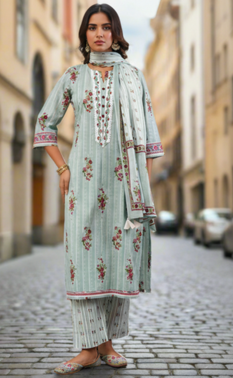 Sea Green Floral Jaipur Cotton Kurti With Pant And Dupatta Set. Pure Versatile Cotton. | Laces and Frills