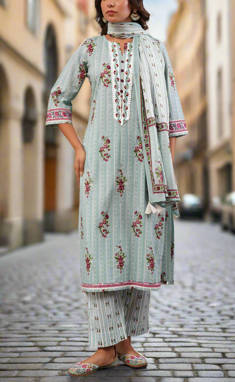 Sea Green Floral Jaipur Cotton Kurti With Pant And Dupatta Set. Pure Versatile Cotton. | Laces and Frills