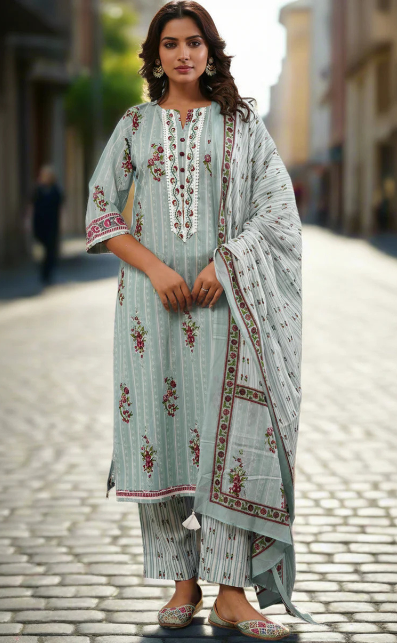 Sea Green Floral Jaipur Cotton Kurti With Pant And Dupatta Set. Pure Versatile Cotton. | Laces and Frills