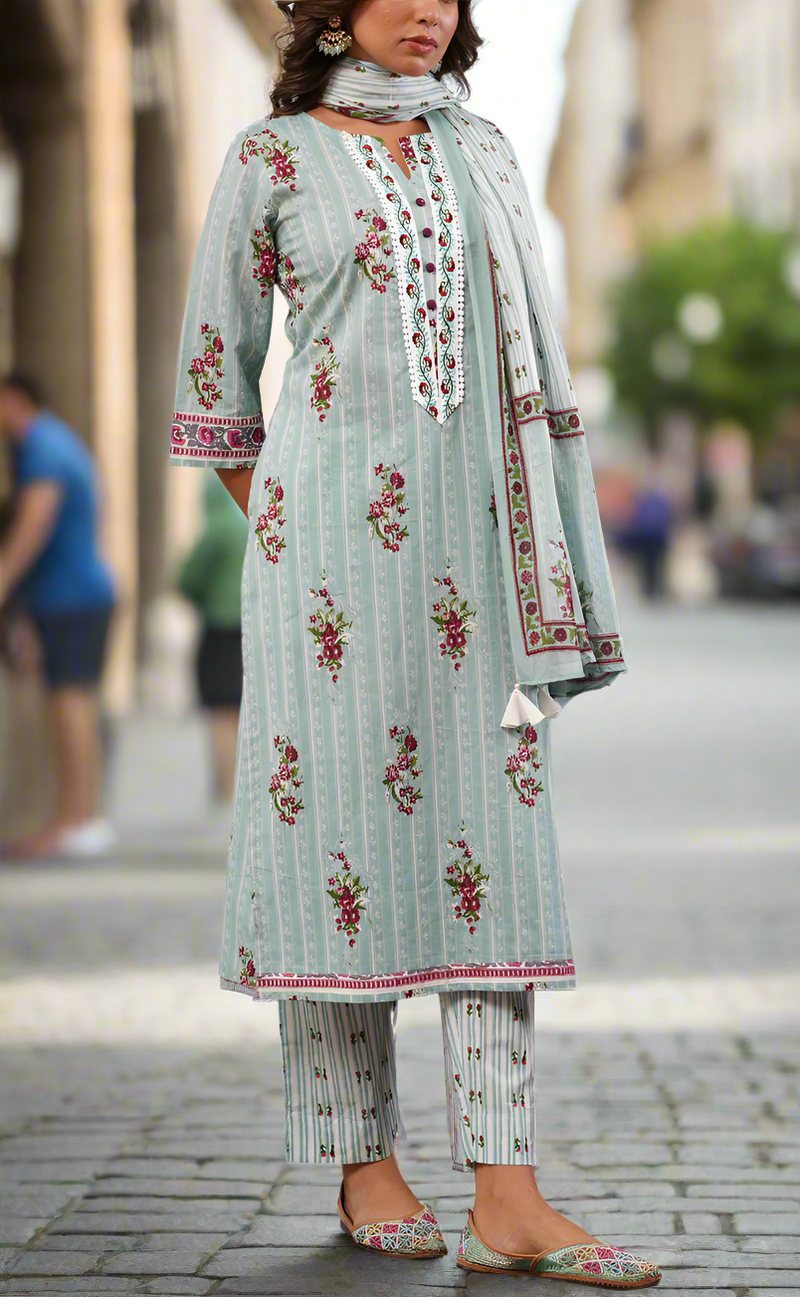 Sea Green Floral Jaipur Cotton Kurti With Pant And Dupatta Set. Pure Versatile Cotton. | Laces and Frills