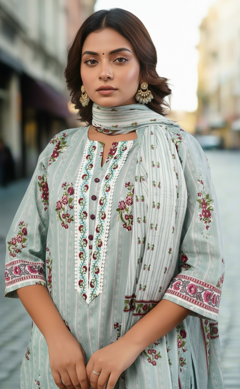 Sea Green Floral Jaipur Cotton Kurti With Pant And Dupatta Set. Pure Versatile Cotton. | Laces and Frills