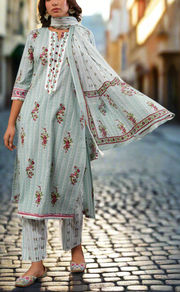 Sea Green Floral Jaipur Cotton Kurti With Pant And Dupatta Set. Pure Versatile Cotton. | Laces and Frills