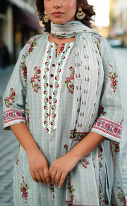 Sea Green Floral Jaipur Cotton Kurti With Pant And Dupatta Set. Pure Versatile Cotton. | Laces and Frills