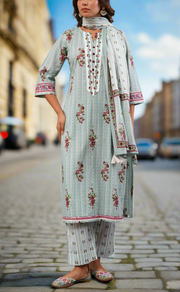 Sea Green Floral Jaipur Cotton Kurti With Pant And Dupatta Set. Pure Versatile Cotton. | Laces and Frills