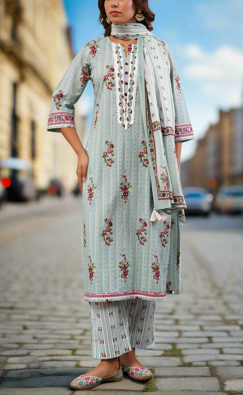 Sea Green Floral Jaipur Cotton Kurti With Pant And Dupatta Set. Pure Versatile Cotton. | Laces and Frills