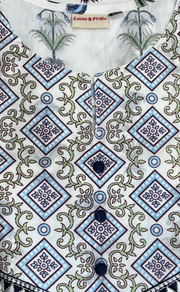 White/Blue Tiny Flora Jaipur Cotton Kurti With Pant And Dupatta Set. Pure Versatile Cotton. | Laces and Frills