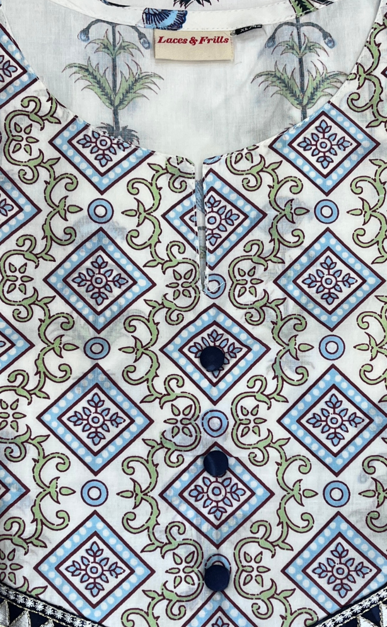 White/Blue Tiny Flora Jaipur Cotton Kurti With Pant And Dupatta Set. Pure Versatile Cotton. | Laces and Frills