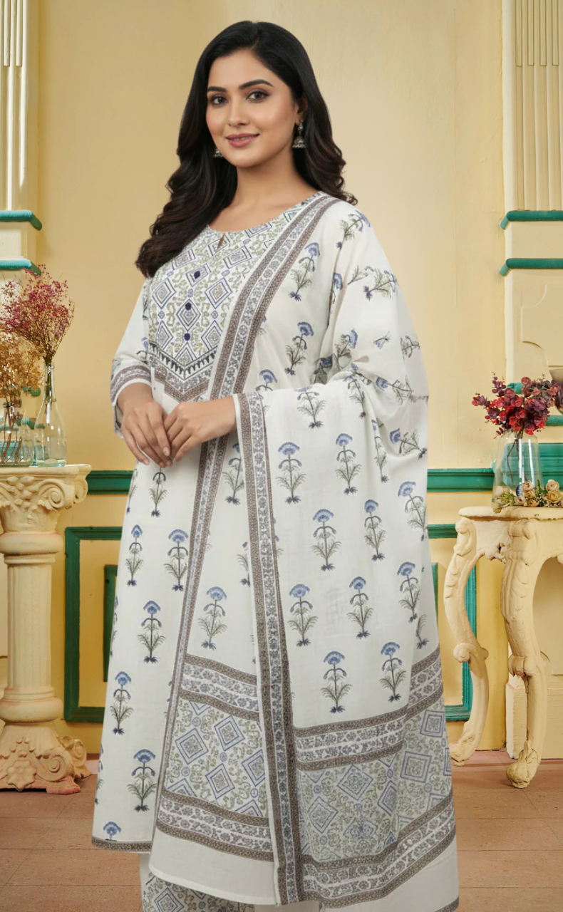 White/Blue Tiny Flora Jaipur Cotton Kurti With Pant And Dupatta Set. Pure Versatile Cotton. | Laces and Frills