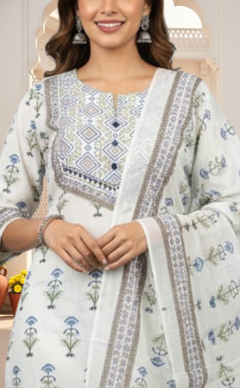 White/Blue Tiny Flora Jaipur Cotton Kurti With Pant And Dupatta Set. Pure Versatile Cotton. | Laces and Frills