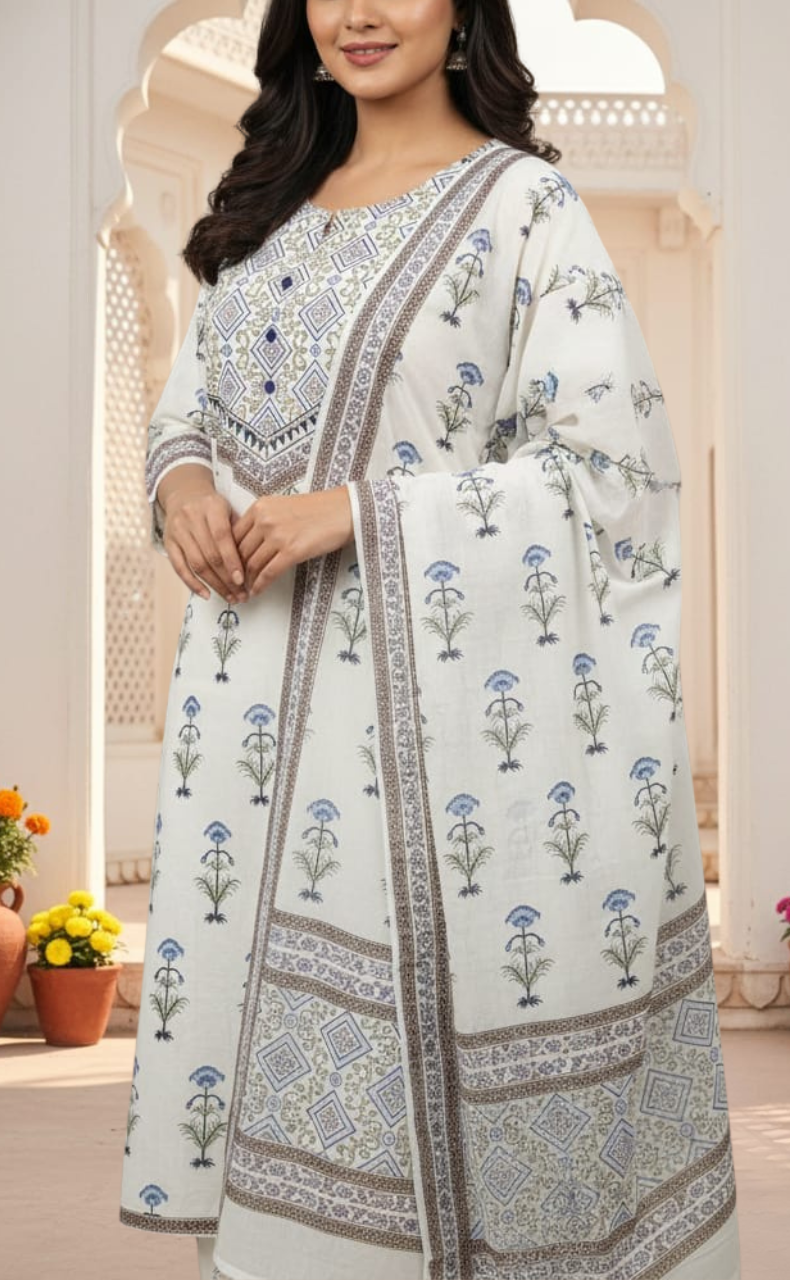 White/Blue Tiny Flora Jaipur Cotton Kurti With Pant And Dupatta Set. Pure Versatile Cotton. | Laces and Frills