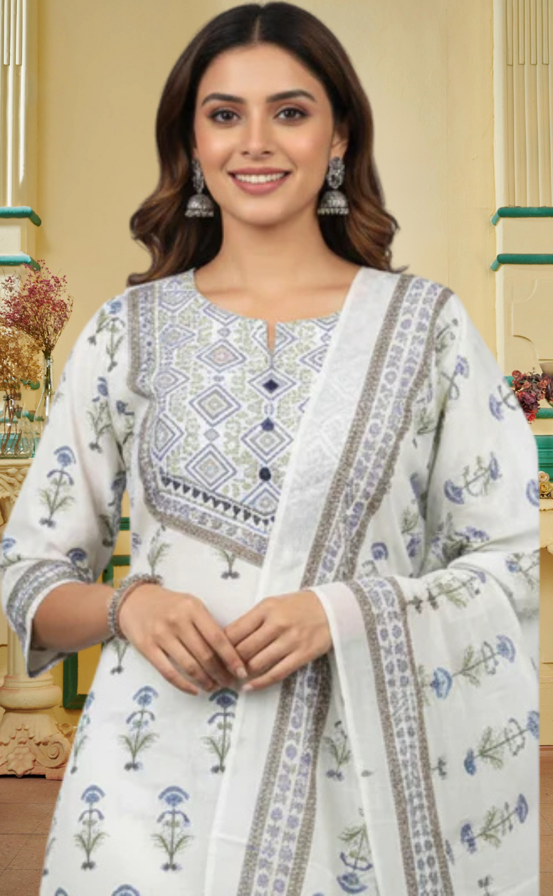 White/Blue Tiny Flora Jaipur Cotton Kurti With Pant And Dupatta Set. Pure Versatile Cotton. | Laces and Frills