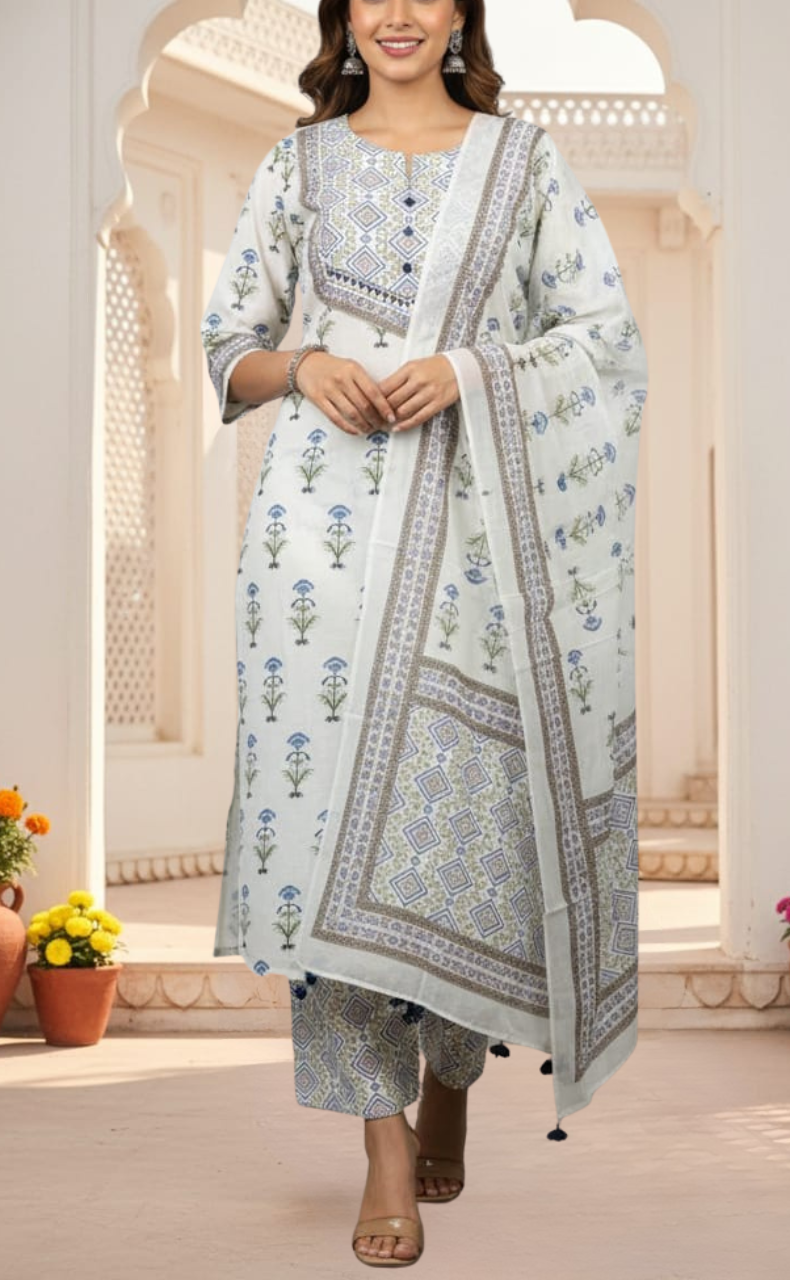 White/Blue Tiny Flora Jaipur Cotton Kurti With Pant And Dupatta Set. Pure Versatile Cotton. | Laces and Frills